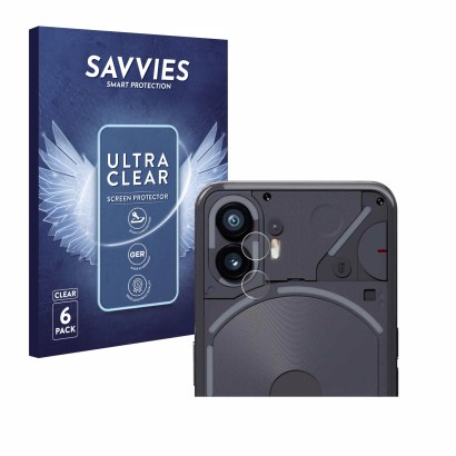Front side of a product packaging with the brand logo Savvies. Next to it is the device Nothing Phone (2) (ONLY Camera Lens) s