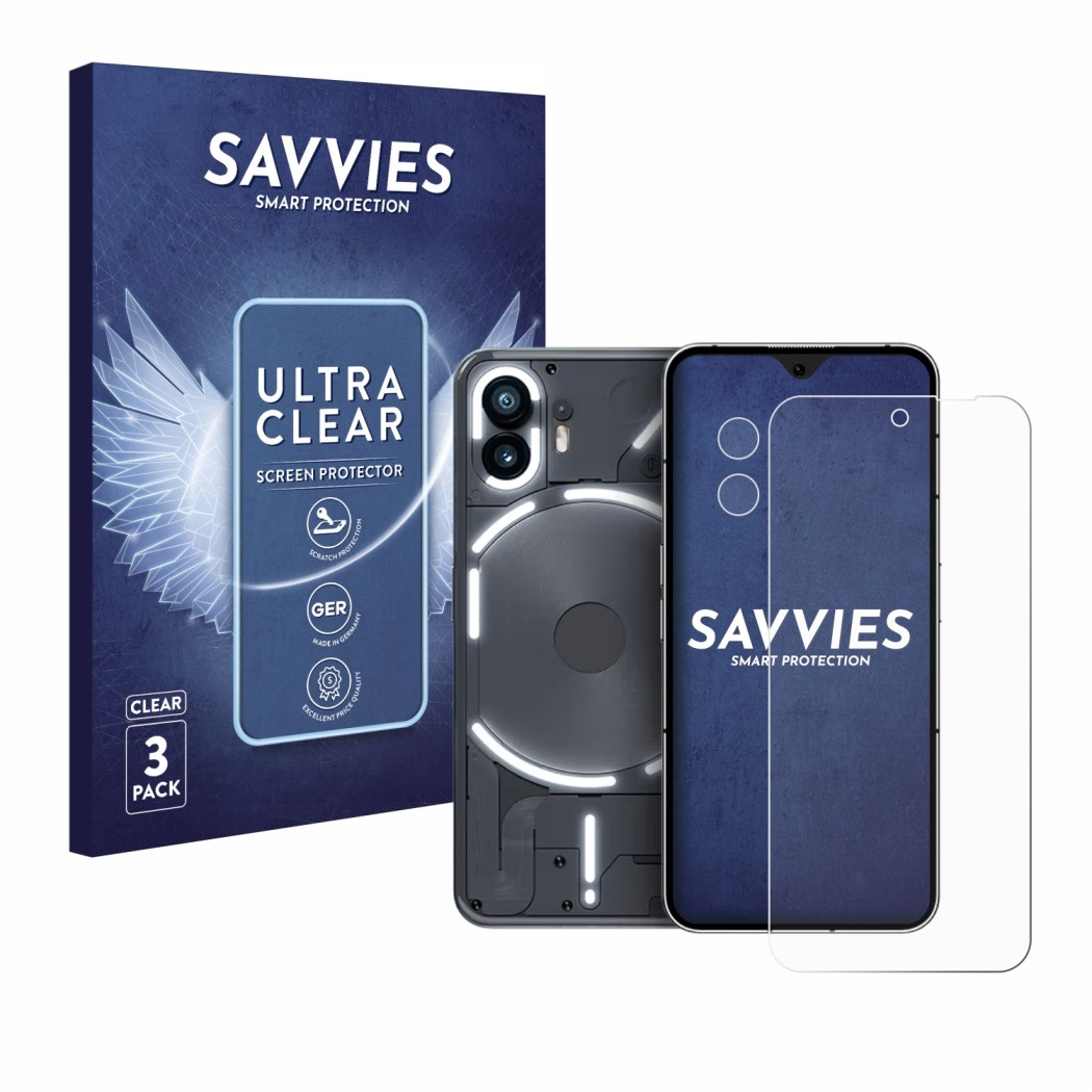 Face avant d’un emballage produit avec le logo de la marque Savvies. À côté, l’appareil Nothing Phone (2) (Avant+Caméra) est r