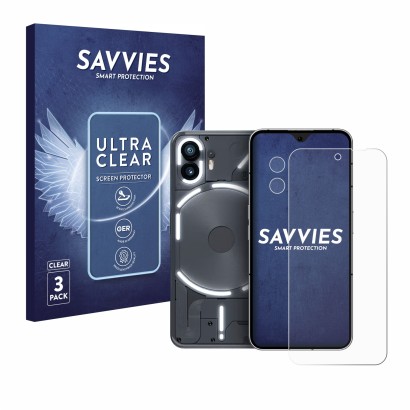 Face avant d’un emballage produit avec le logo de la marque Savvies. À côté, l’appareil Nothing Phone (2) (Avant+Caméra) est r