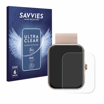 Front side of a product packaging with the brand logo Savvies. Next to it is the device Mutoy Smartwatch 1.83
