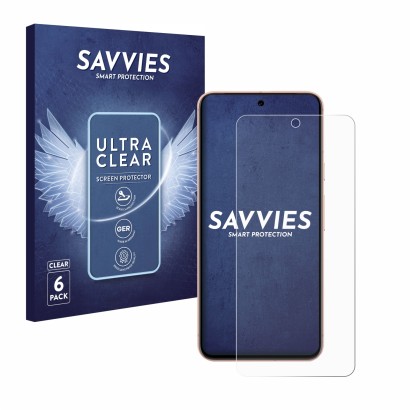Front side of a product packaging with the brand logo Savvies. Next to it is the device Google Pixel 8 shown with the correspo