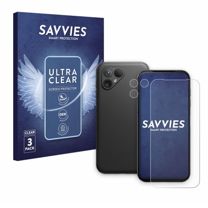 Parte frontale di una confezione del prodotto con il logo del marchio Savvies. Accanto è raffigurato il dispositivo Fairphone 