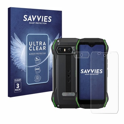 Parte frontal de un envase de producto con el logotipo de la marca Savvies. Al lado se muestra el dispositivo Blackview N6000 