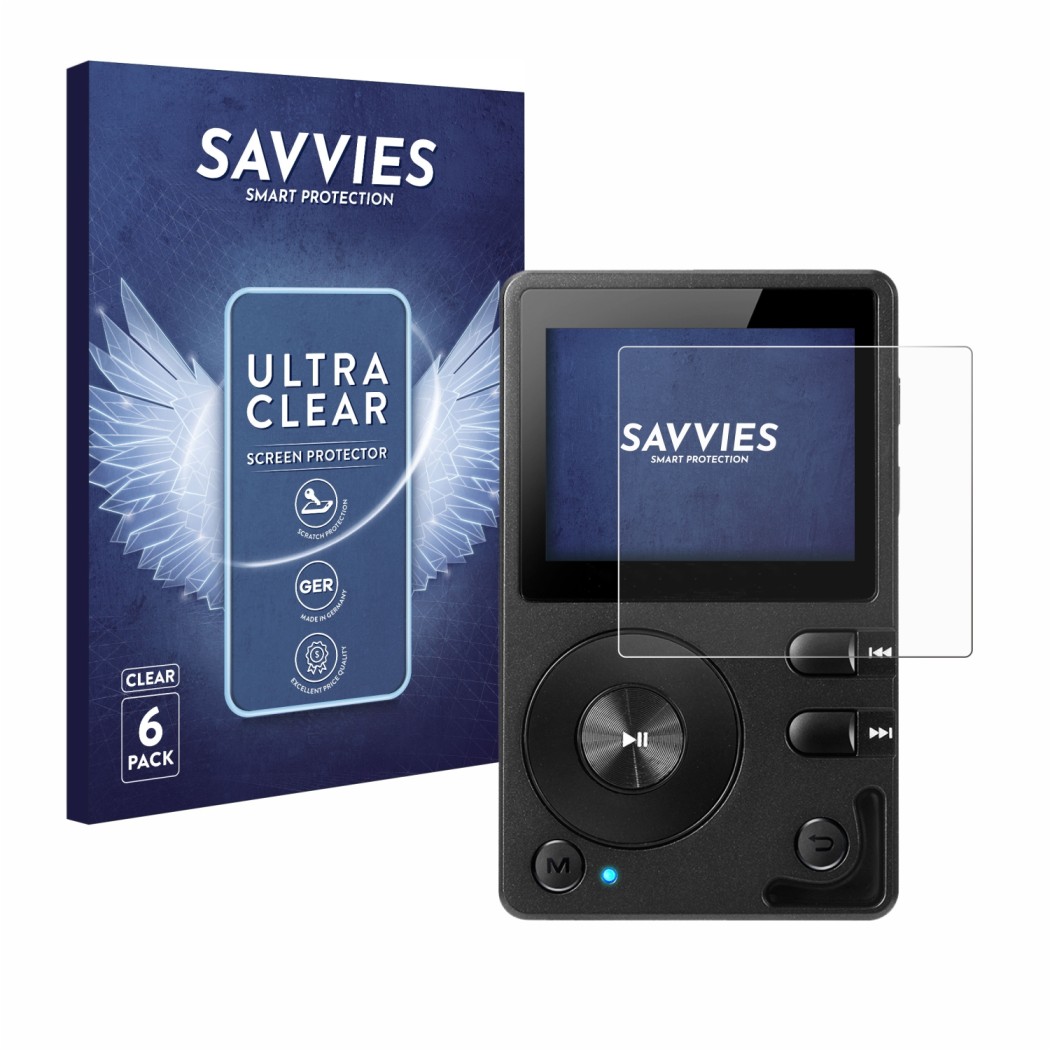 Vorderseite einer Produktverpackung mit dem Markenlogo Savvies. Daneben ist das Gerät Hifi Walker H2 mit dem zugehörigen Displ