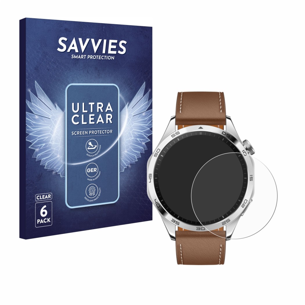 Parte frontal de un envase de producto con el logotipo de la marca Savvies. Al lado se muestra el dispositivo Huawei Watch GT 