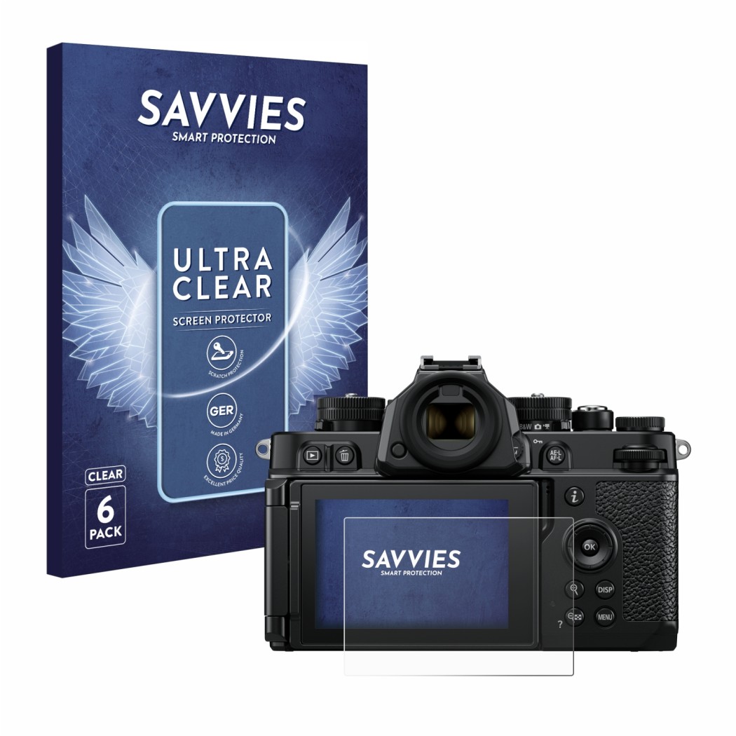 Front side of a product packaging with the brand logo Savvies. Next to it is the device Nikon Z F shown with the corresponding