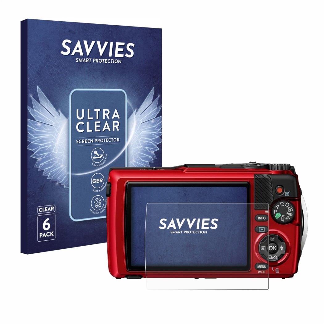 Front side of a product packaging with the brand logo Savvies. Next to it is the device Olympus OM System Tough TG-7 shown wit
