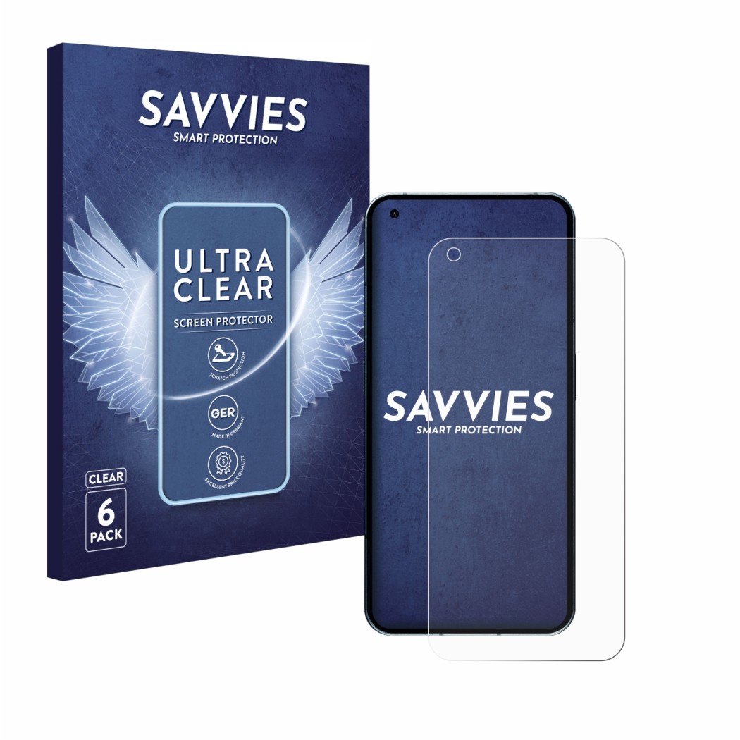 Face avant d’un emballage produit avec le logo de la marque Savvies. À côté, l’appareil Nothing Phone (1) (case-friendly) est 