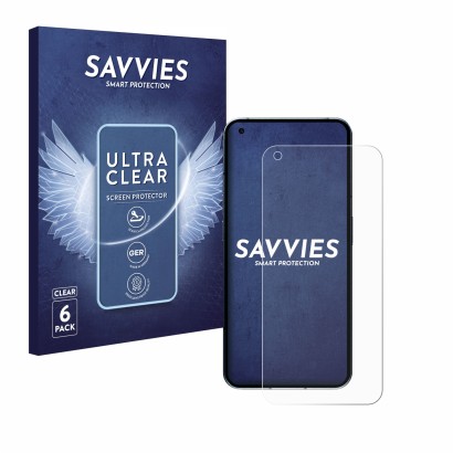 Face avant d’un emballage produit avec le logo de la marque Savvies. À côté, l’appareil Nothing Phone (1) (case-friendly) est 