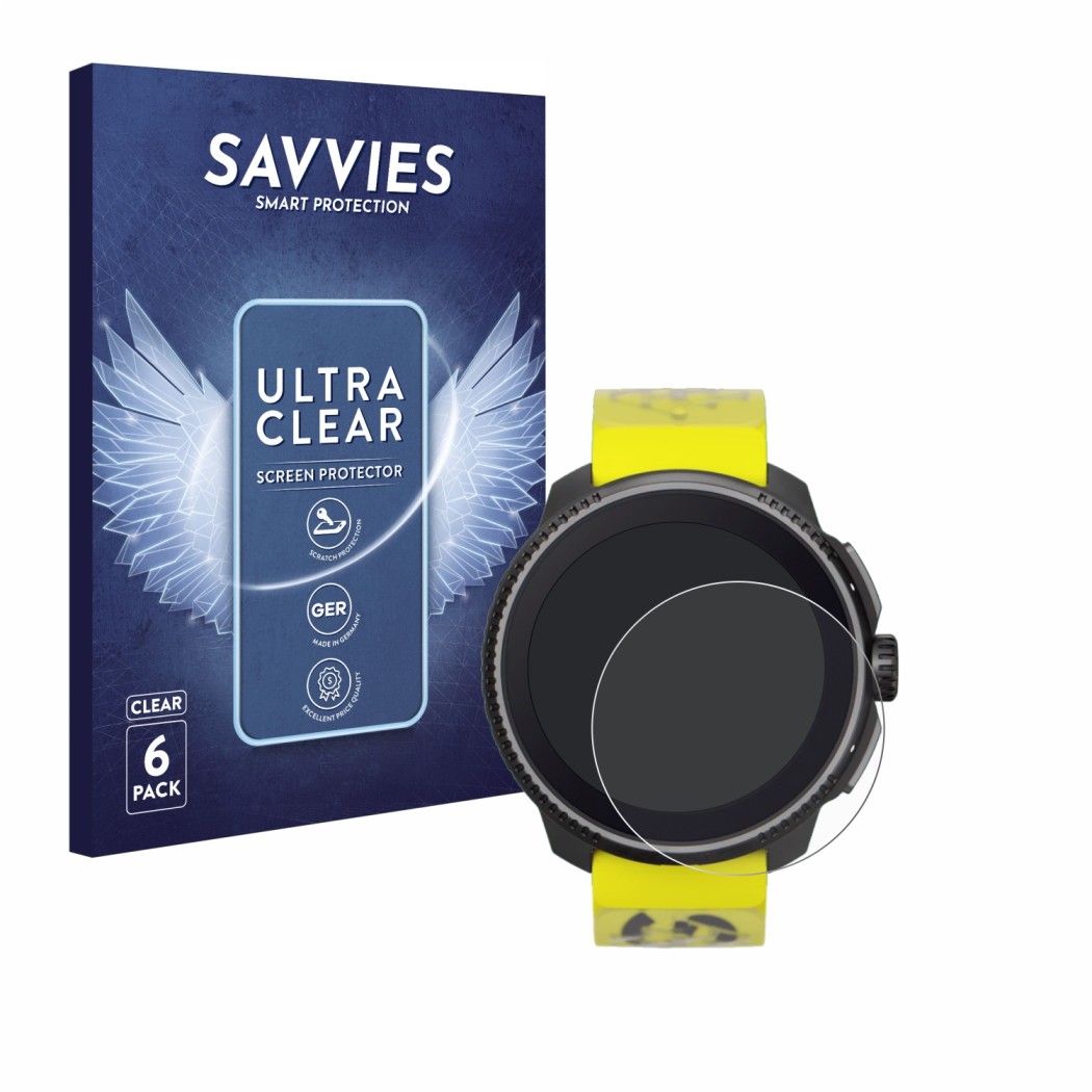 Parte frontal de un envase de producto con el logotipo de la marca Savvies. Al lado se muestra el dispositivo Suunto Race con 