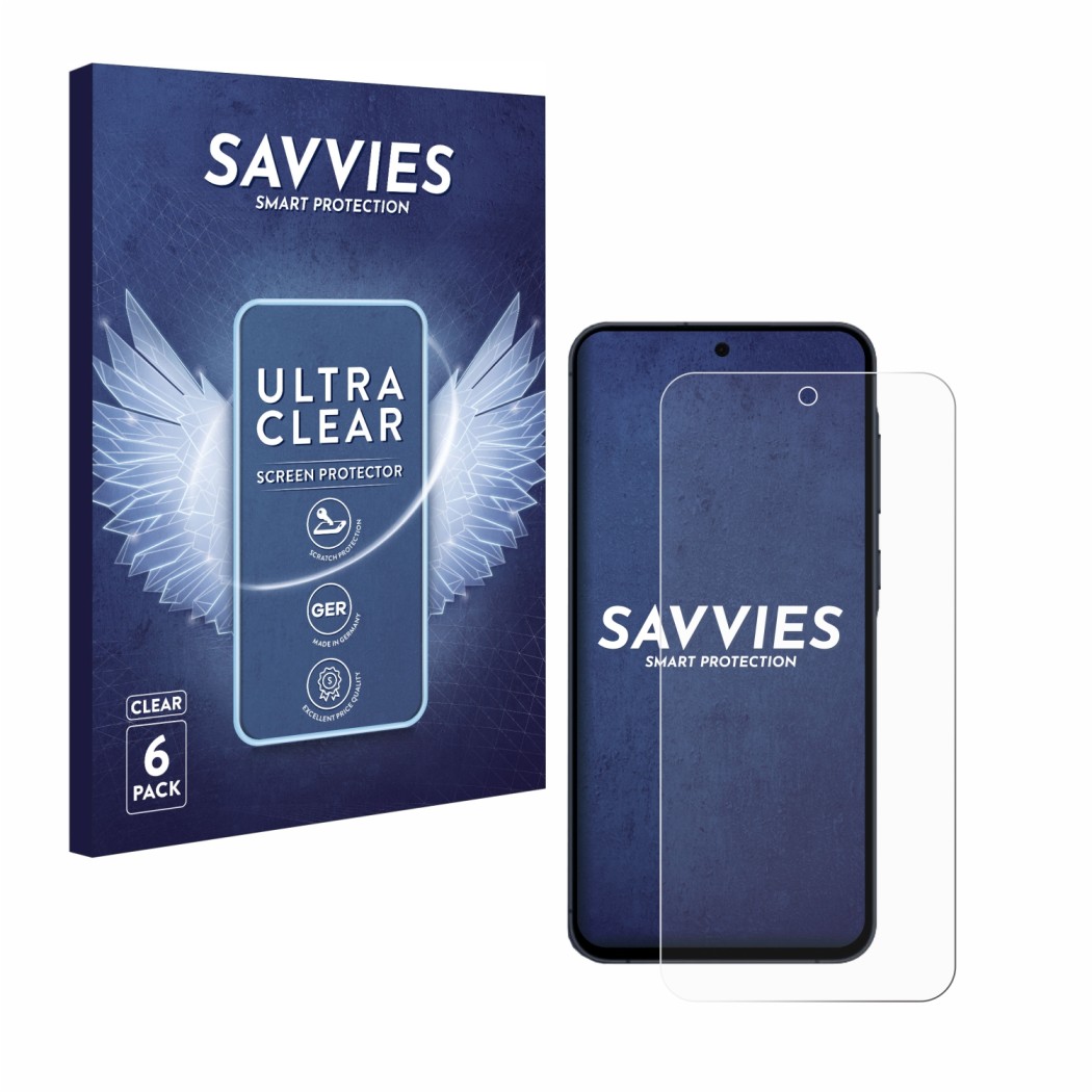 Front side of a product packaging with the brand logo Savvies. Next to it is the device Samsung Galaxy A55 5G shown with the c