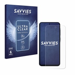 Vorderseite einer Produktverpackung mit dem Markenlogo Savvies. Daneben ist das Gerät Samsung Galaxy A55 5G mit dem zugehörige