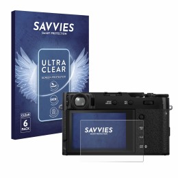 Vorderseite einer Produktverpackung mit dem Markenlogo Savvies. Daneben ist das Gerät Fujifilm X100VI mit dem zugehörigen Disp