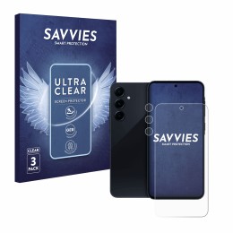 Vorderseite einer Produktverpackung mit dem Markenlogo Savvies. Daneben ist das Gerät Samsung Galaxy A55 5G (Display+Kamera) m