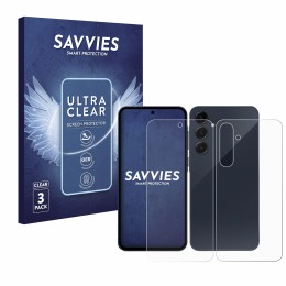 Vorderseite einer Produktverpackung mit dem Markenlogo Savvies. Daneben ist das Gerät Samsung Galaxy A55 5G (Display+Rückseite