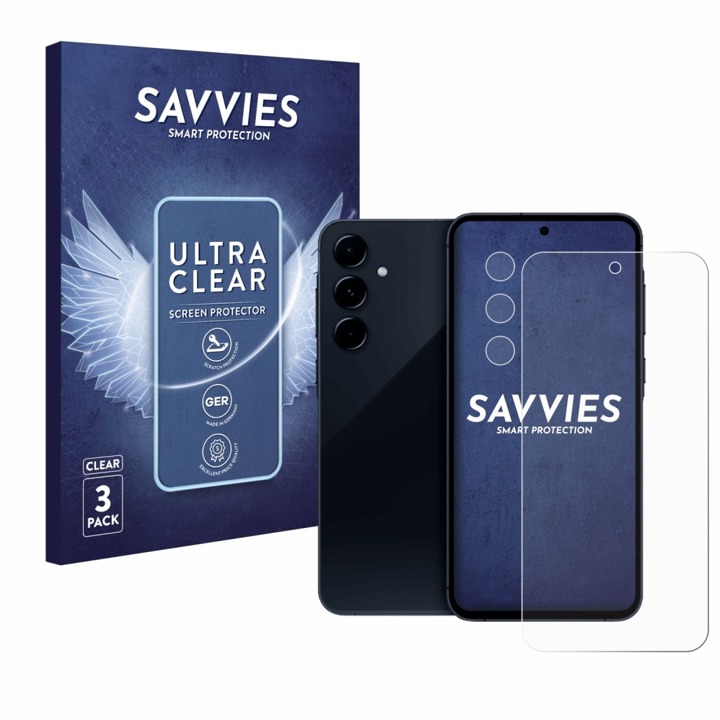 Front side of a product packaging with the brand logo Savvies. Next to it is the device Samsung Galaxy A35 5G (Front+Camera) s