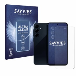 Front side of a product packaging with the brand logo Savvies. Next to it is the device Samsung Galaxy A35 5G (Front+Camera) s