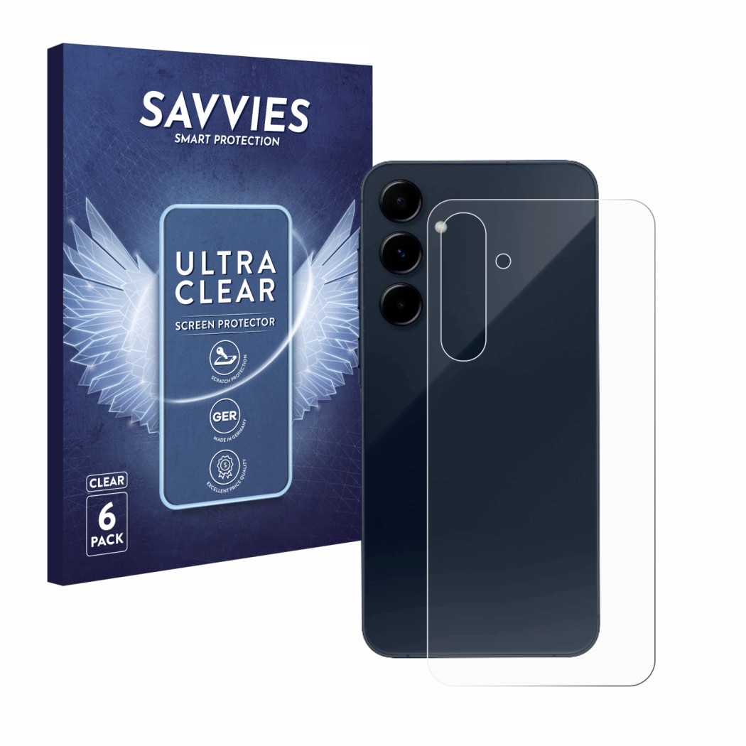 Front side of a product packaging with the brand logo Savvies. Next to it is the device Samsung Galaxy A35 5G (Back) shown wit