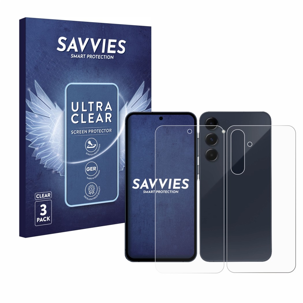 Front side of a product packaging with the brand logo Savvies. Next to it is the device Samsung Galaxy A35 5G (Front+Back) sho