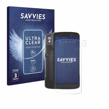 Front side of a product packaging with the brand logo Savvies. Next to it is the device Zebra TC22 (Front+Camera) shown with t
