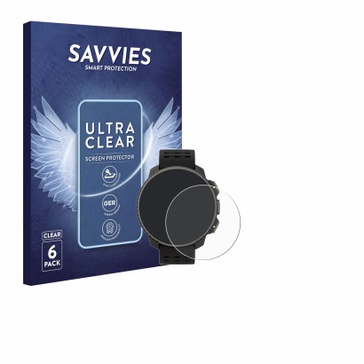 Face avant d’un emballage produit avec le logo de la marque Savvies. À côté, l’appareil Suunto Vertical Solar est représenté a