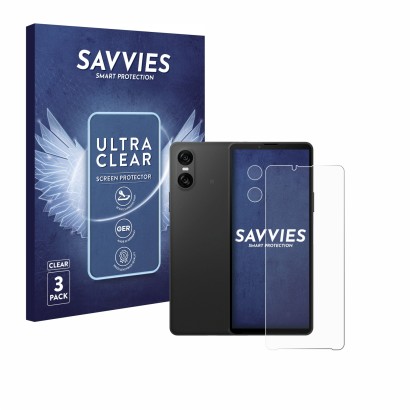Front side of a product packaging with the brand logo Savvies. Next to it is the device Sony Xperia 10 VI (Front+Camera) shown