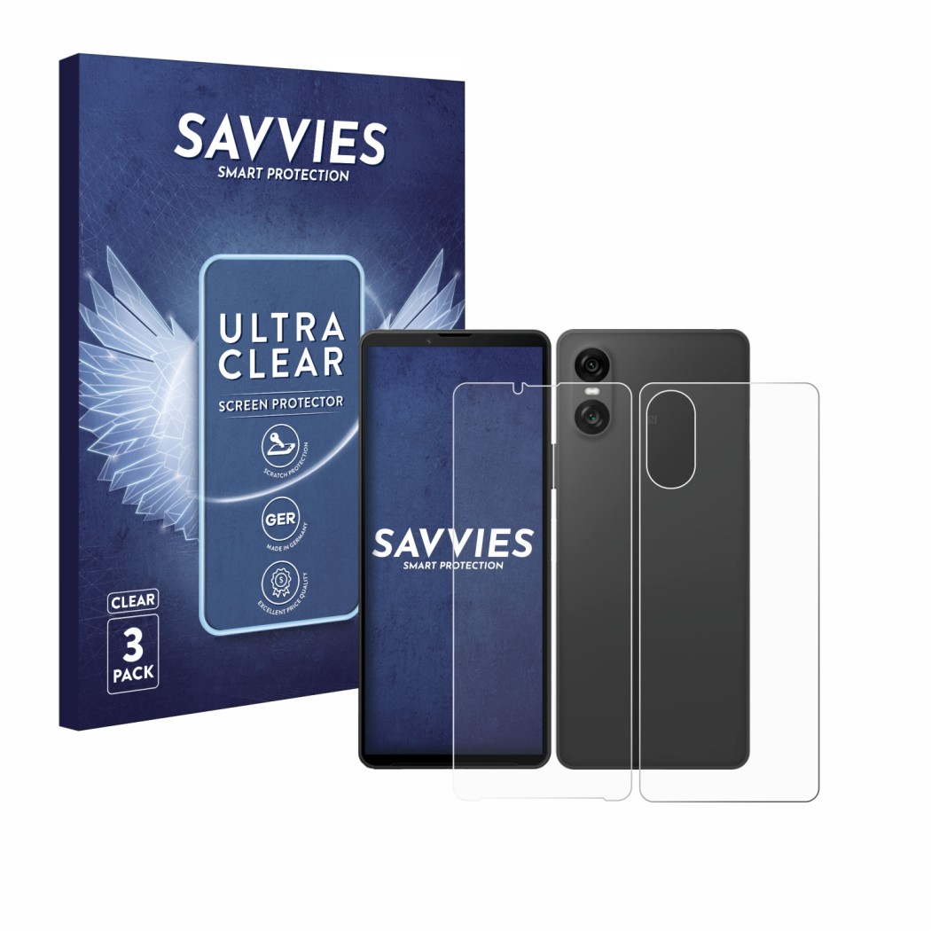 Parte frontal de un envase de producto con el logotipo de la marca Savvies. Al lado se muestra el dispositivo Sony Xperia 10 V