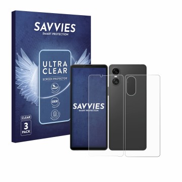 Parte frontal de un envase de producto con el logotipo de la marca Savvies. Al lado se muestra el dispositivo Sony Xperia 10 V