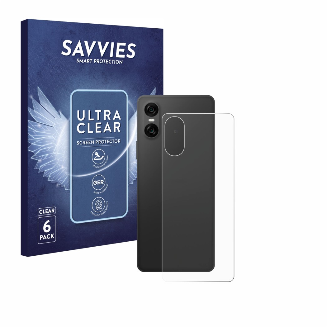 Parte frontal de un envase de producto con el logotipo de la marca Savvies. Al lado se muestra el dispositivo Sony Xperia 10 V