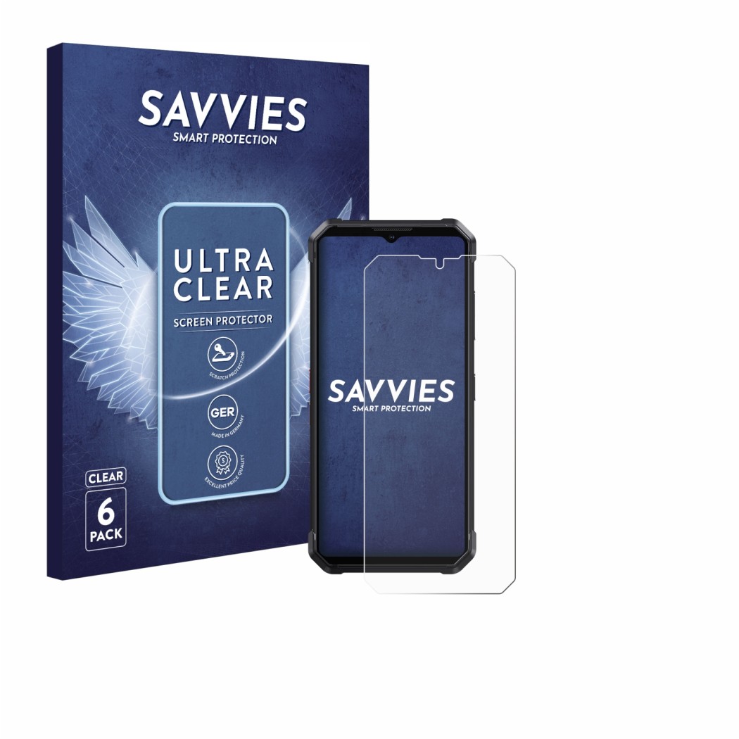 Parte frontal de un envase de producto con el logotipo de la marca Savvies. Al lado se muestra el dispositivo Fossibot F106 Pr