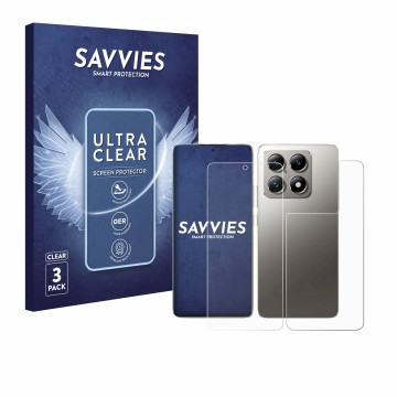 Front side of a product packaging with the brand logo Savvies. Next to it is the device Xiaomi 14T Pro (Front+Back) shown with