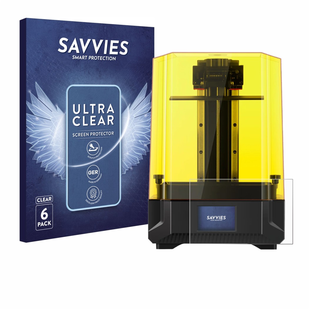 Parte frontal de un envase de producto con el logotipo de la marca Savvies. Al lado se muestra el dispositivo Anycubic Photon 