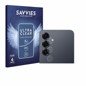 Vorderseite einer Produktverpackung mit dem Markenlogo Savvies. Daneben ist das Gerät Samsung Galaxy S25 (NUR Kameraschutz) mi