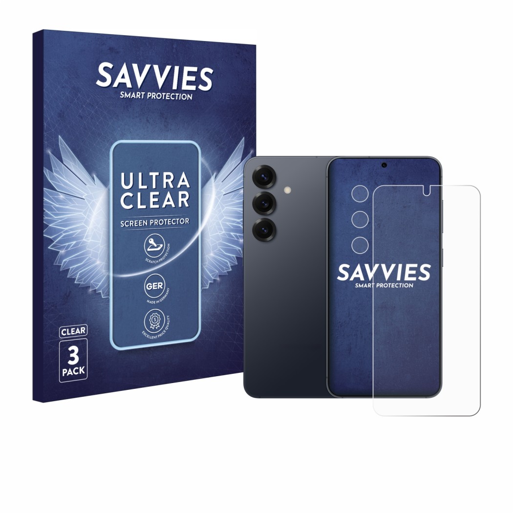 Vorderseite einer Produktverpackung mit dem Markenlogo Savvies. Daneben ist das Gerät Samsung Galaxy S25 (Display+Kamera) mit 