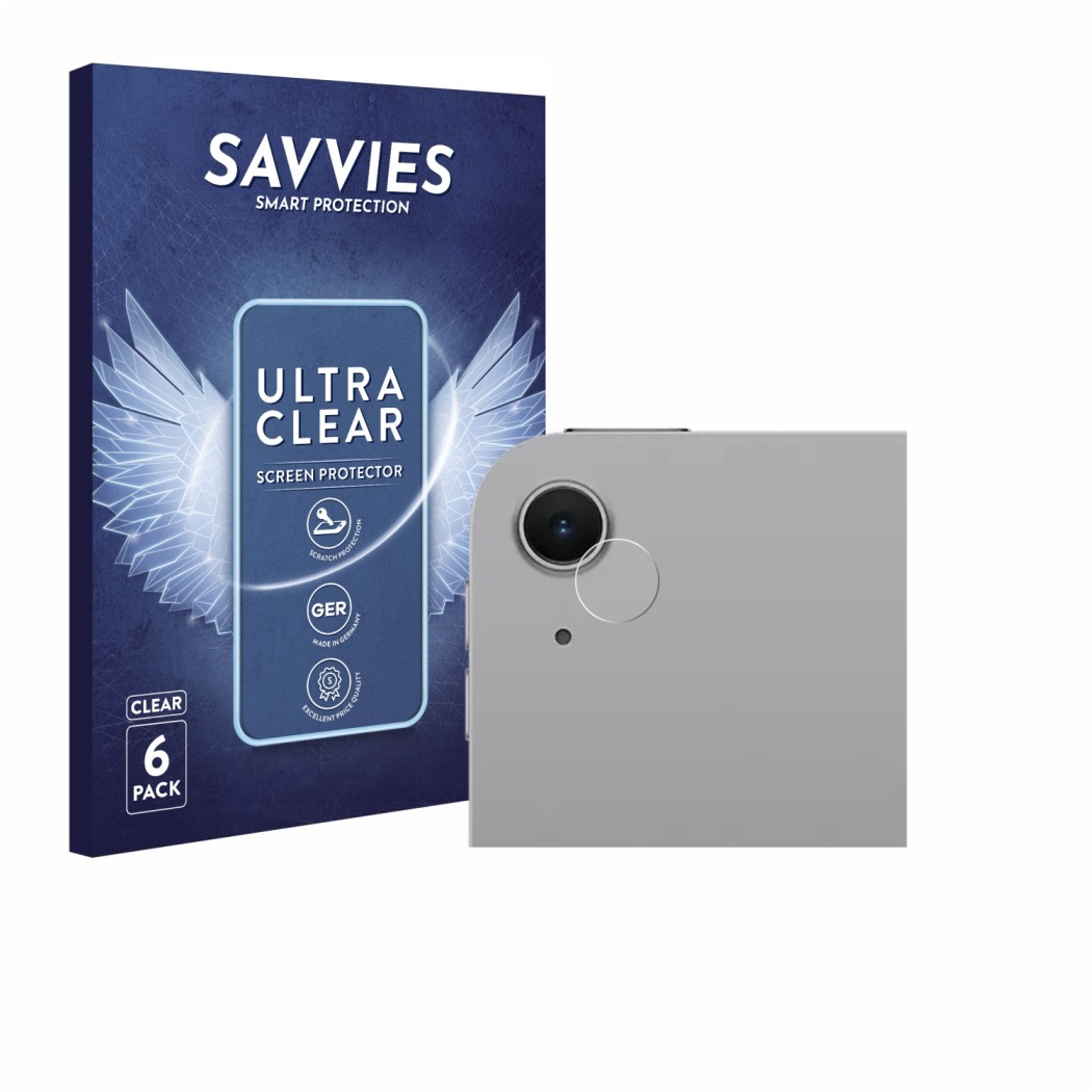 Vorderseite einer Produktverpackung mit dem Markenlogo Savvies. Daneben ist das Gerät Apple iPad Air 11