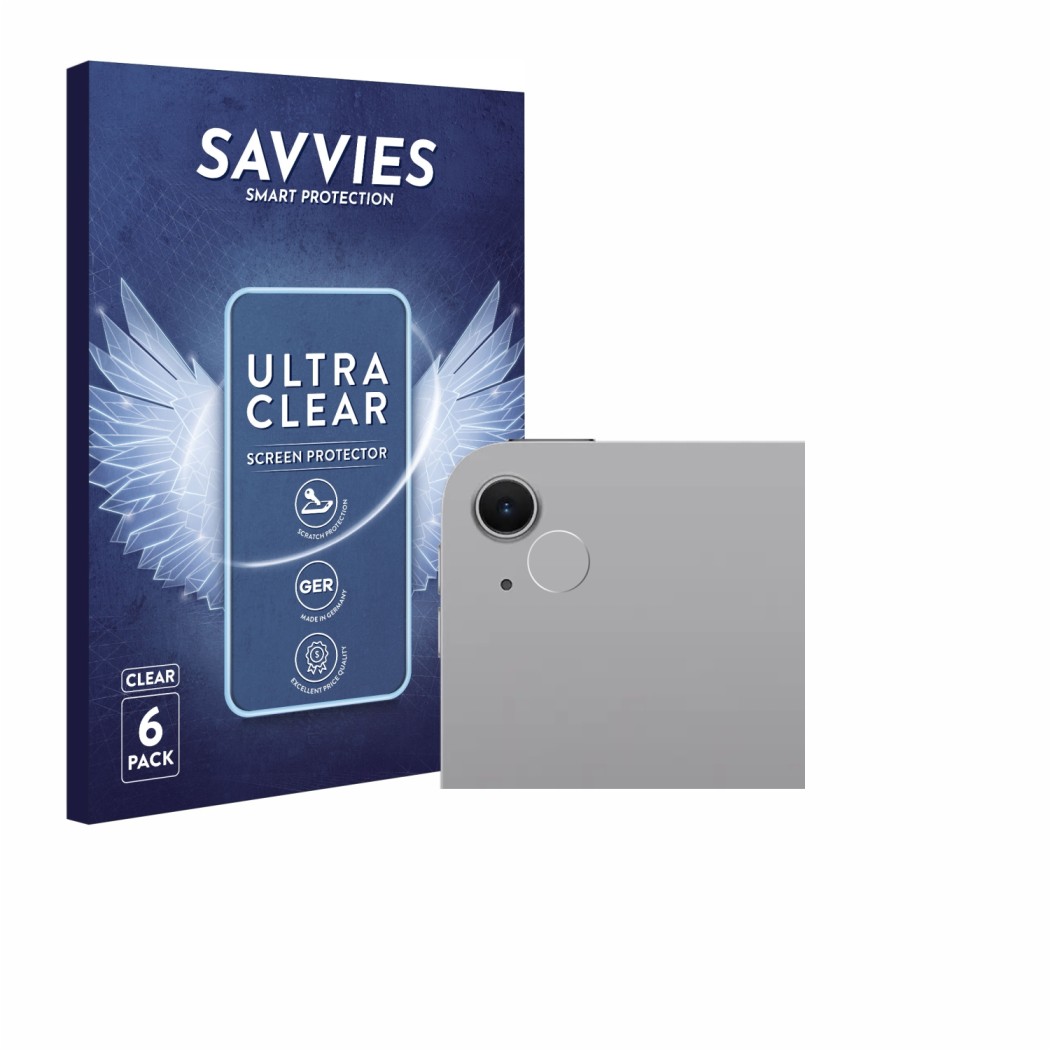 Front side of a product packaging with the brand logo Savvies. Next to it is the device Apple iPad Air 13