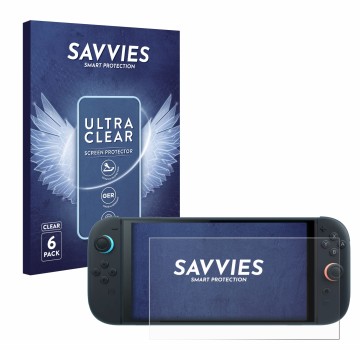 Vorderseite einer Produktverpackung mit dem Markenlogo Savvies. Daneben ist das Gerät Nintendo Switch 2 mit dem zugehörigen Di