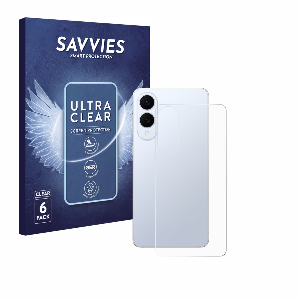 Vorderseite einer Produktverpackung mit dem Markenlogo Savvies. Daneben ist das Gerät Samsung Galaxy S25 Edge (Rückseite) mit 