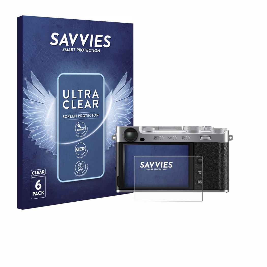 Front side of a product packaging with the brand logo Savvies. Next to it is the device Fujifilm X-E5 shown with the correspon