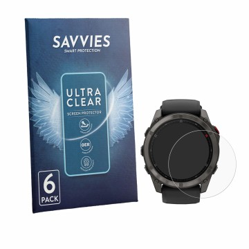 Parte frontale di una confezione del prodotto con il logo del marchio Savvies. Accanto è raffigurato il dispositivo Garmin Fen