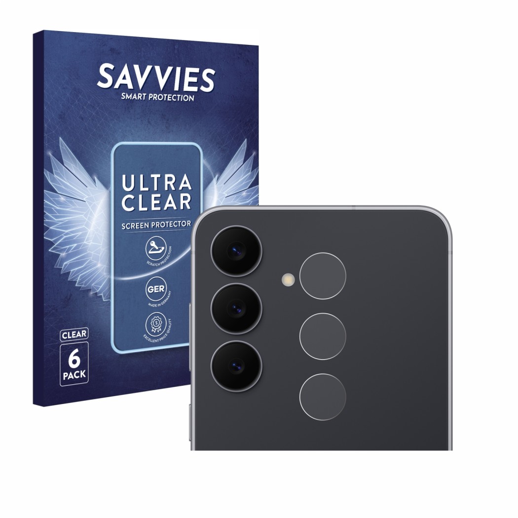 Front side of a product packaging with the brand logo Savvies. Next to it is the device Samsung Galaxy S25 FE (ONLY Camera Len