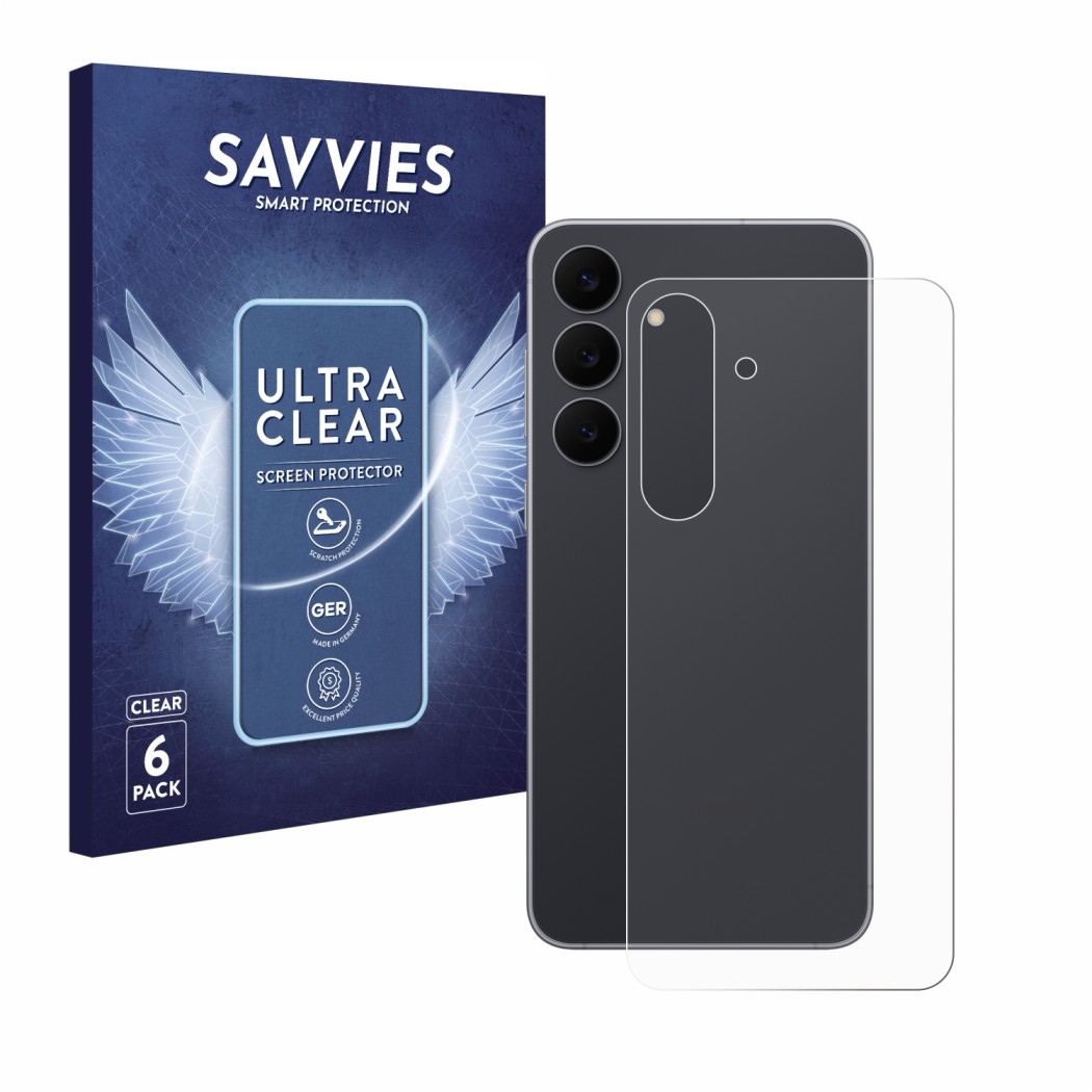 Front side of a product packaging with the brand logo Savvies. Next to it is the device Samsung Galaxy S25 FE (Back) shown wit