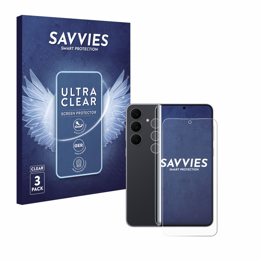 Front side of a product packaging with the brand logo Savvies. Next to it is the device Samsung Galaxy S25 FE (Front+Camera) s