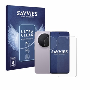 Vorderseite einer Produktverpackung mit dem Markenlogo Savvies. Daneben ist das Gerät Vivo X300 (Display+Kamera) mit dem zugeh