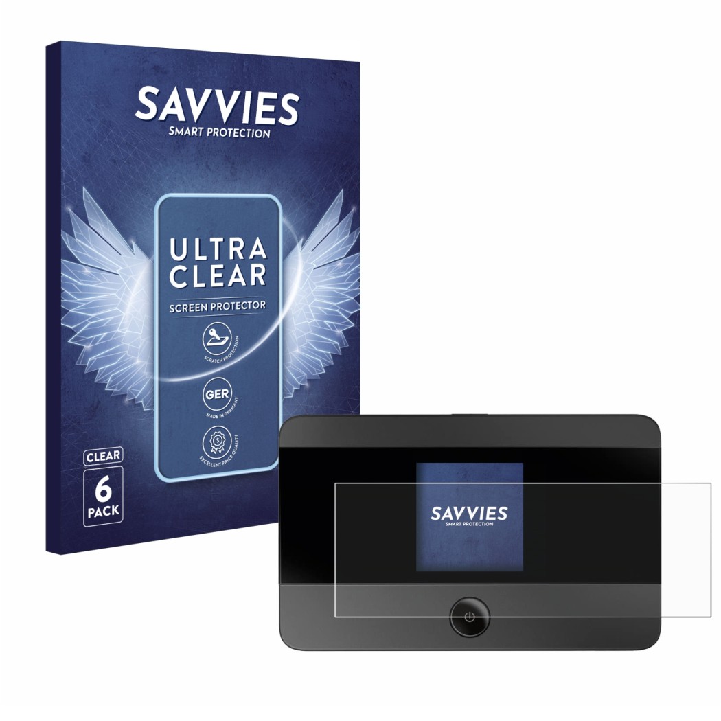 Vorderseite einer Produktverpackung mit dem Markenlogo Savvies. Daneben ist das Gerät TP-Link M7350 mit dem zugehörigen Displa