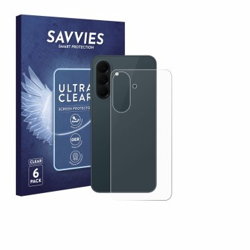 Vorderseite einer Produktverpackung mit dem Markenlogo Savvies. Daneben ist das Gerät Samsung Galaxy A37 5G (Rückseite) mit de