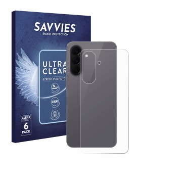 Vorderseite einer Produktverpackung mit dem Markenlogo Savvies. Daneben ist das Gerät Samsung Galaxy A57 5G (Rückseite) mit de