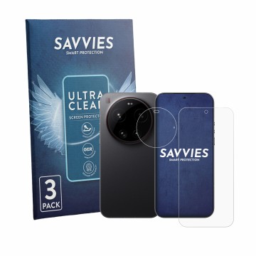 Parte frontal de un envase de producto con el logotipo de la marca Savvies. Al lado se muestra el dispositivo Xiaomi 17 Ultra 