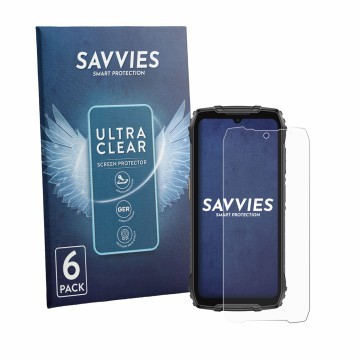 Front side of a product packaging with the brand logo Savvies. Next to it is the device Ulefone RugKing 4 Pro shown with the c