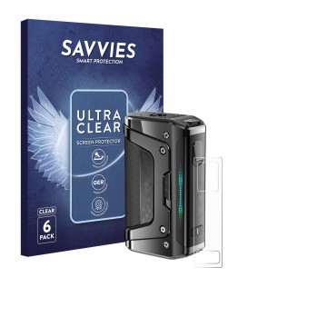Front side of a product packaging with the brand logo Savvies. Next to it is the device GeekVape Aegis Legend 5 shown with the
